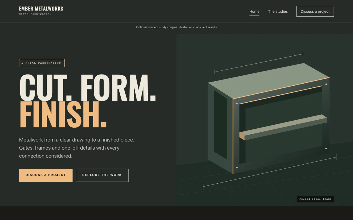 First screen of the Ember Metalworks fictional website, showing its distinct forge design