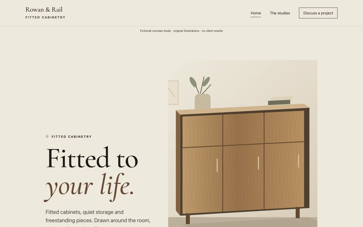 First screen of the Rowan & Rail fictional website, showing its distinct atelier design