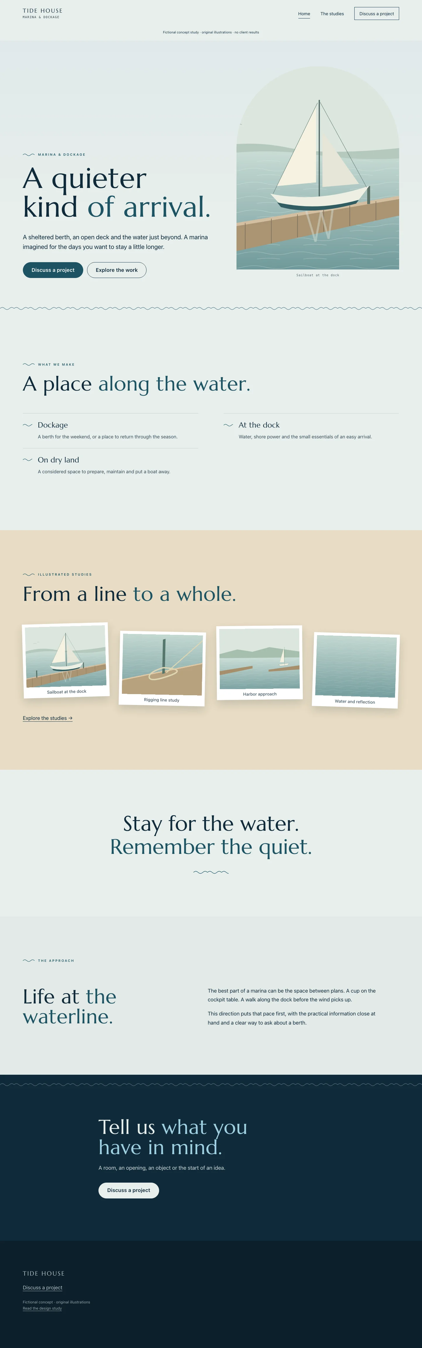 Complete desktop website for Tide House, from its opening headline to its contact section