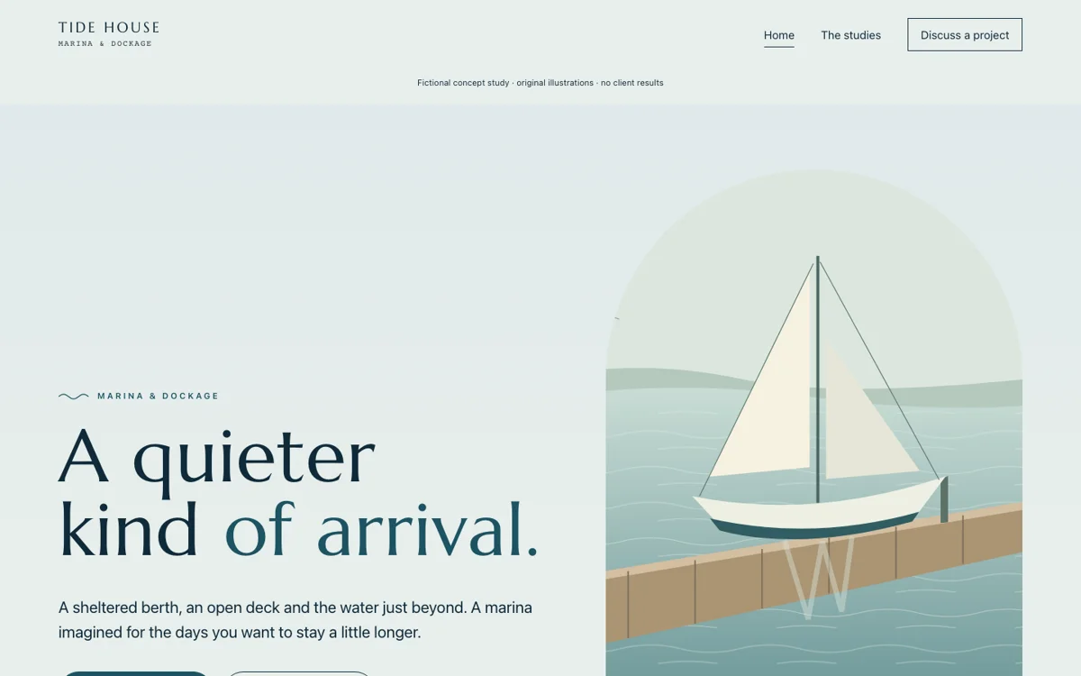 First screen of the Tide House fictional website, showing its distinct harbor design
